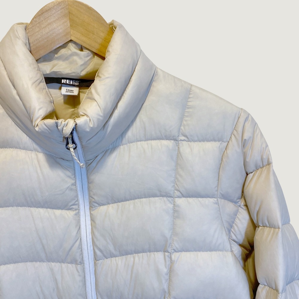 REI Co-op Down Puffer Jacket Women Large Cream Excellent 650 Fill Quilted